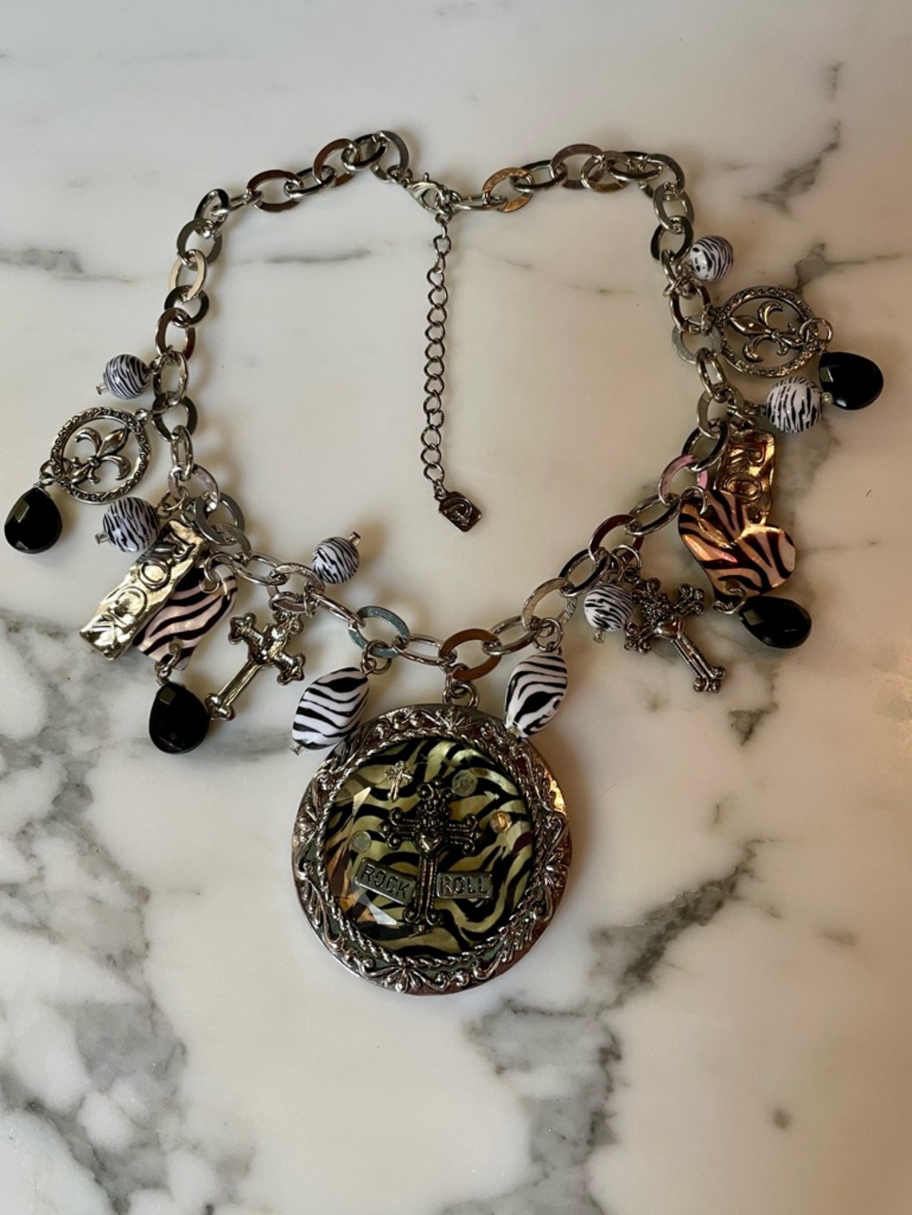 Zebra Print Rock n Roll Charm Necklace - Grunge/Punk Style